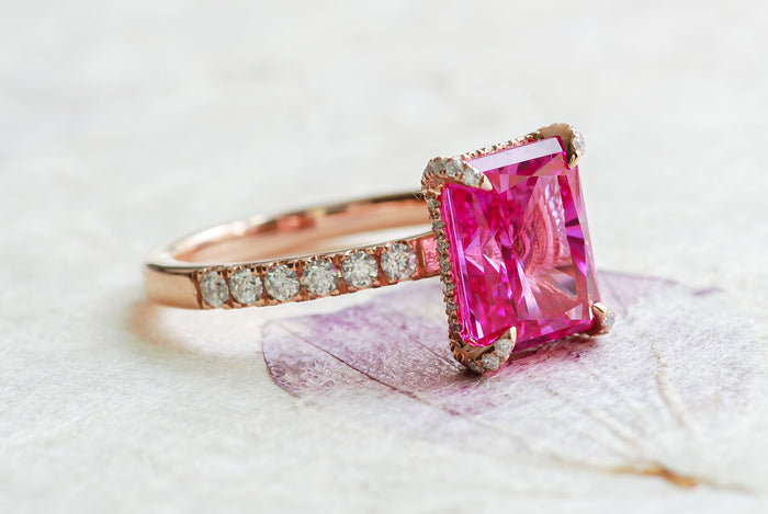 Padparadscha pink sapphire moissanite ring