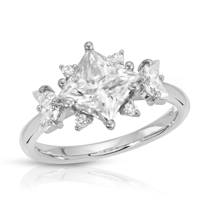 white gold princess cut moissanite ring with crescent cut moissanite side stone