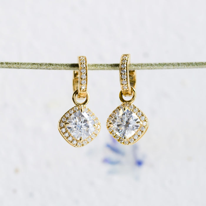 Elowen | Cushion Cut Moissanite Halo Drop Earrings