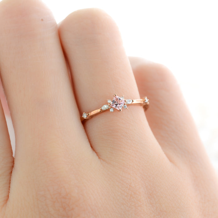 Lilac | Dainty Rosé Sapphire and Moissanite Cluster Ring